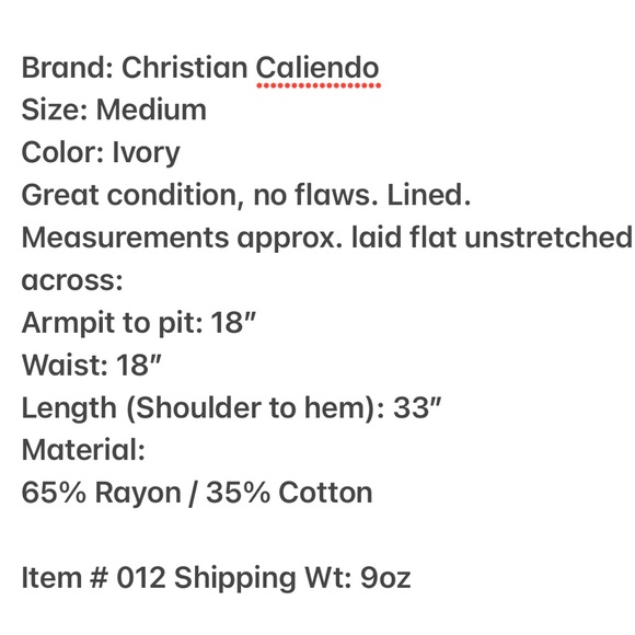 Christian Caliendo Ivory Tunic Size Small - Picture 4 of 5